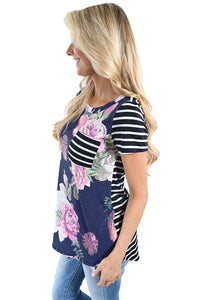 Sexy Navy Floral Back Striped Casual T-shirt