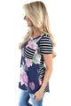Sexy Navy Floral Back Striped Casual T-shirt