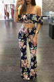 Sexy Navy Floral Print Ruffle Crop Top and Pant Set