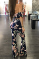 Sexy Navy Floral Print Ruffle Crop Top and Pant Set