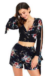 Sexy Navy Floral Print Split Sleeves Crop Top and Short Set