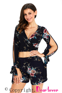 Sexy Navy Floral Print Split Sleeves Crop Top and Short Set