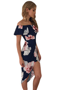 Sexy Navy Floral Ruffle Off Shoulder Wrap Boho Dress