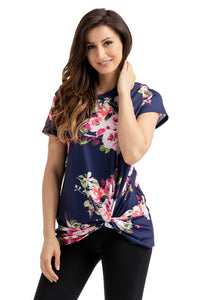 Sexy Navy Floral Short Sleeve Knot Top