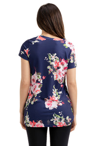 Sexy Navy Floral Short Sleeve Knot Top