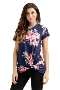 Sexy Navy Floral Short Sleeve Knot Top