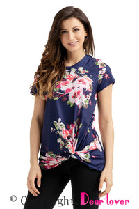 Sexy Navy Floral Short Sleeve Knot Top