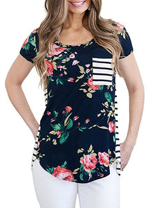 Sexy Navy Floral and Striped Casual T-shirt