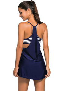 Sexy Navy Flowing Swim Dress Layered 1pc Tankini Top