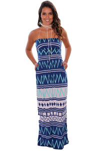 Sexy Navy Geometric Strapless Maxi Dress with Pockets