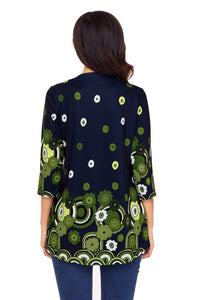 Sexy Navy Green Floral Print Flowy Blouse