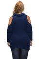 Sexy Navy High Neck Cold Shoulder Ribbed Knit Top