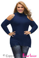 Sexy Navy High Neck Cold Shoulder Ribbed Knit Top
