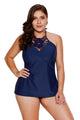 Sexy Navy Macrame High Neck 2pcs Bathing Suit