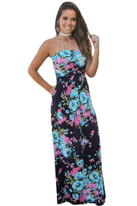 Sexy Navy Pink Floral Strapless Maxi Dress with Pockets