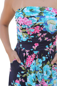 Sexy Navy Pink Floral Strapless Maxi Dress with Pockets