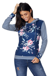 Sexy Navy Pinstripe Accent Floral Print Drawstring Hoodie