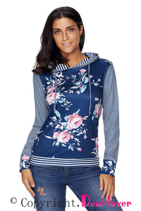 Sexy Navy Pinstripe Accent Floral Print Drawstring Hoodie