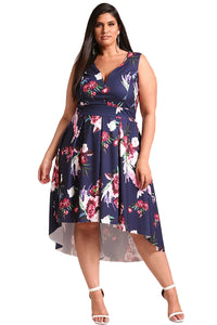 Sexy Navy Plus Size Flared Floral Hi-Lo Dress