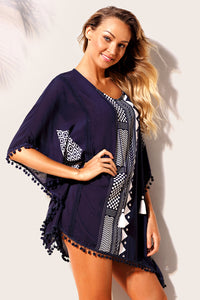 Sexy Navy Print Pom Pom Trim Tassel Tie Caftan Tunic