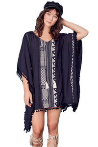 Sexy Navy Print Pom Pom Trim Tassel Tie Caftan Tunic