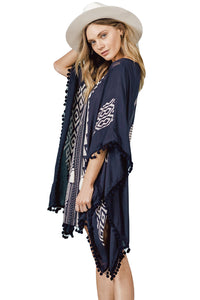 Sexy Navy Print Pom Pom Trim Tassel Tie Caftan Tunic