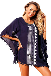 Sexy Navy Print Pom Pom Trim Tassel Tie Caftan Tunic