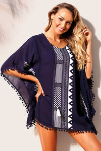 Sexy Navy Print Pom Pom Trim Tassel Tie Caftan Tunic