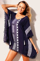 Sexy Navy Print Pom Pom Trim Tassel Tie Caftan Tunic