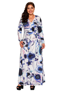 Sexy Navy Purple Floral Print Sash Tie Plus Size Maxi Dress