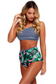 Sexy Navy Striped Crop Top and Leaf Print High Waist Swimsuit