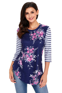 Sexy Navy Striped Sleeves and Floral Print Shirt