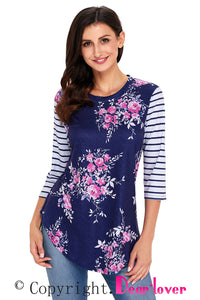 Sexy Navy Striped Sleeves and Floral Print Shirt