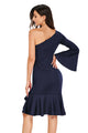 Sexy Navy Twist and Ruffle Accent One Shoulder Prom Dress