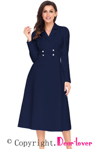 Sexy Navy Vintage Button Collared Fit-and-flare Dress