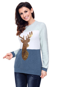 Sexy Navy White Grey Colorblock Gold Reindeer Top
