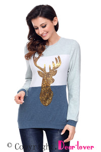 Sexy Navy White Grey Colorblock Gold Reindeer Top