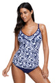 Sexy Navy White Leafy Print 2pcs Tankini Swimsuit