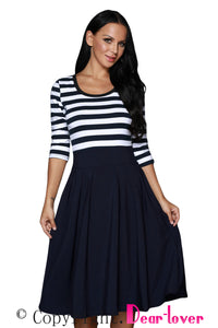 Sexy Navy White Stripes Scoop Neck Sleeved Casual Swing Dress
