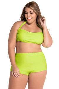 Sexy Neon Yellow Halter Bandeau High Waist Plus Size Swimwear