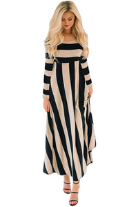 Sexy Nude Bold Stripe Long Sleeve Maxi Dress