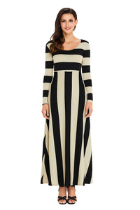 Sexy Nude Bold Stripe Long Sleeve Maxi Dress