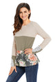 Sexy Oatmeal Color Block Floral Patchwork Long Sleeve Blouse Top