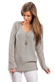 Sexy Oatmeal Open Knit Sleeve Cutout V Neck Sweater