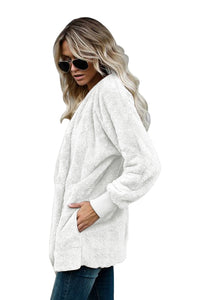 Sexy Off White Soft Fleece Hooded Open Front Coat