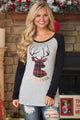 Sexy Oh My Deer Plaid Christmas Reindeer Black Sleeve Blouse