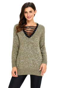 Sexy Olive Chic Long Sleeve Sweater with Lace up Neckline