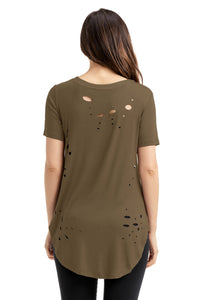 Sexy Olive Crisscross Neckline Distressed Cotton T-shirt