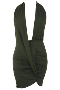 Sexy Olive Daring Plunge Ruched Halter Dress