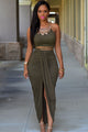 Sexy Olive Faux Suede Two Piece Maxi Skirt Set